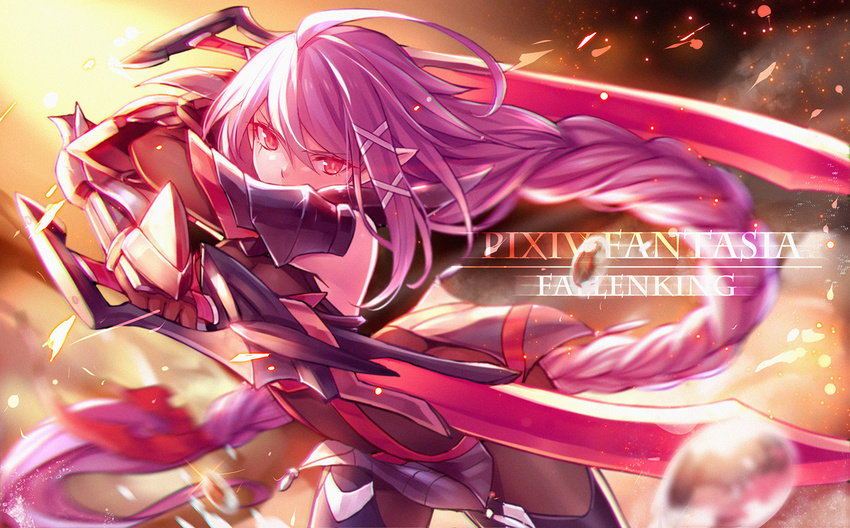 copyright_name dual_wielding hair_ornament holding holding_sword holding_weapon long_hair looking_at_viewer pen_(steelleets) pixiv_fantasia pixiv_fantasia_fallen_kings pointy_ears purple_hair red_eyes solo sword weapon
