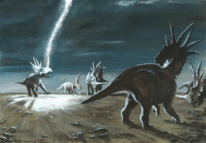 2012 ceratopsian detailed_background dinosaur group hi_res horn lighting lightning quadruped reptile rubeosaurus rubeosaurus_ovatus scalie story story_in_description traditional_media_(artwork) tuomas_koivurinne