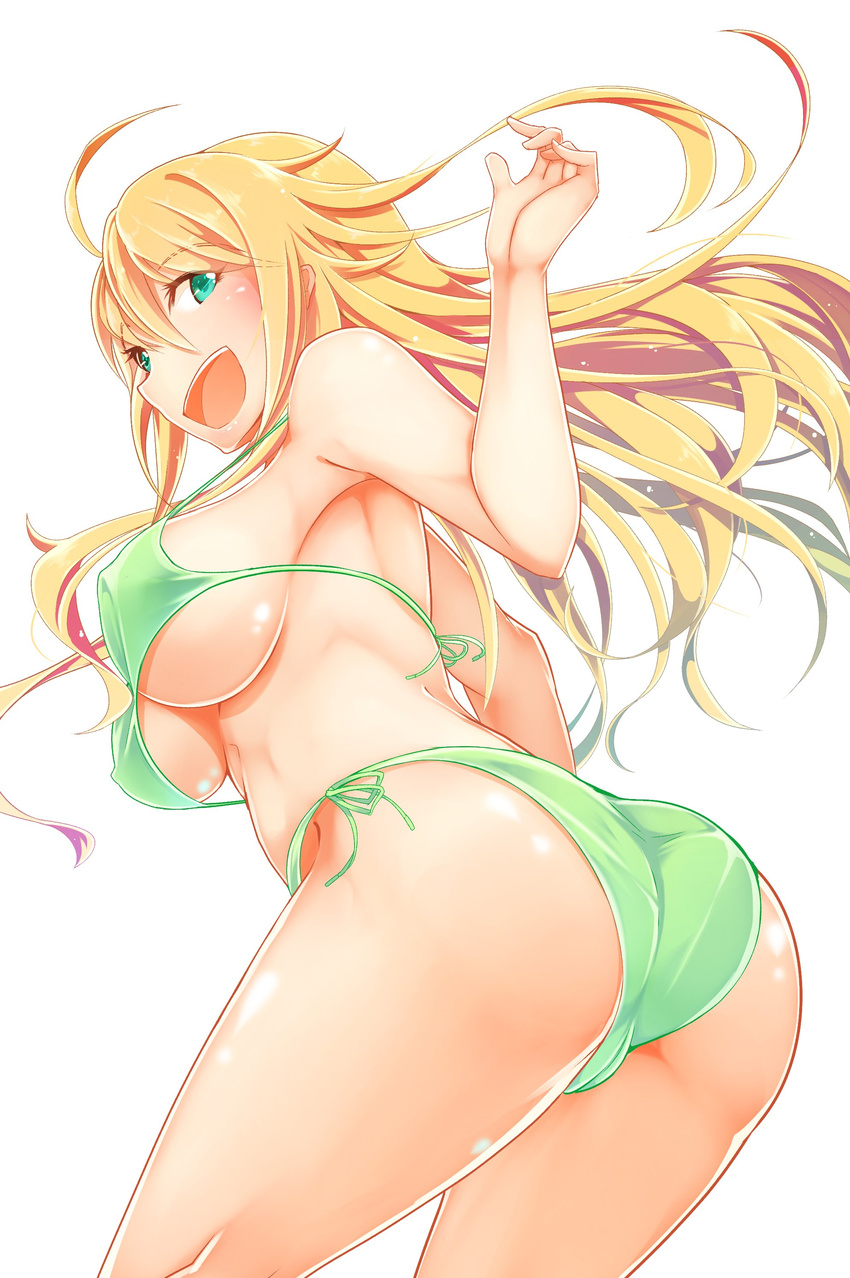 absurdres ahoge ass bikini blonde_hair blush breasts cameltoe covered_nipples green_bikini green_eyes hadaka_megane highres hoshii_miki idolmaster idolmaster_(classic) large_breasts long_hair open_mouth side-tie_bikini simple_background smile solo swimsuit trefoil white_background