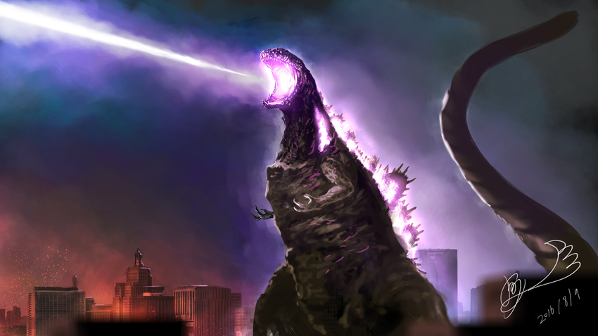 bad_id bad_pixiv_id building city cityscape claws dated energy_beam glowing godzilla godzilla_(series) highres kaijuu monster night no_humans open_mouth rabidhowl sharp_teeth shin_godzilla signature solo spikes spoilers tail teeth