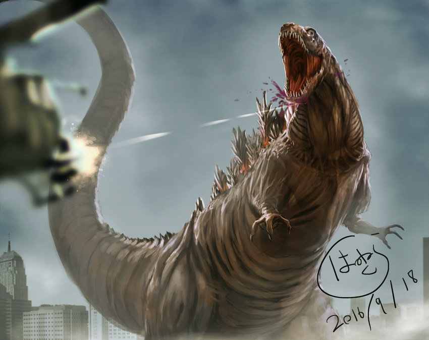 ah-1_cobra aircraft blood building city claws dated firing godzilla_(series) helicopter highres kaijuu monster monster_in_shinagawa no_humans open_mouth rabidhowl sharp_teeth shin_godzilla signature skyscraper spikes spoilers teeth what_if