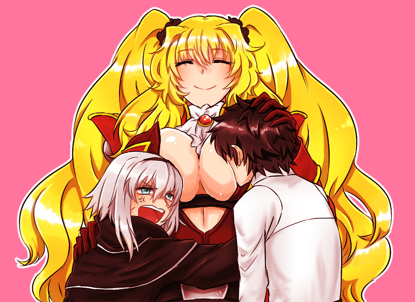 2girls ^_^ anger_vein anne_bonny_(fate/grand_order) black_coat black_hair blonde_hair breast_smother breasts cleavage closed_eyes coat fate/grand_order fate_(series) fujimaru_ritsuka_(male) gloves hand_on_another's_chest hand_on_another's_head hand_on_another's_shoulder height_difference hug jacket large_breasts long_hair looking_at_another mary_read_(fate/grand_order) multiple_girls pink_background red_coat red_gloves shiny shiny_hair short_hair silver_hair simple_background smile twintails upper_body very_long_hair white_jacket yuko_(taxidermy)