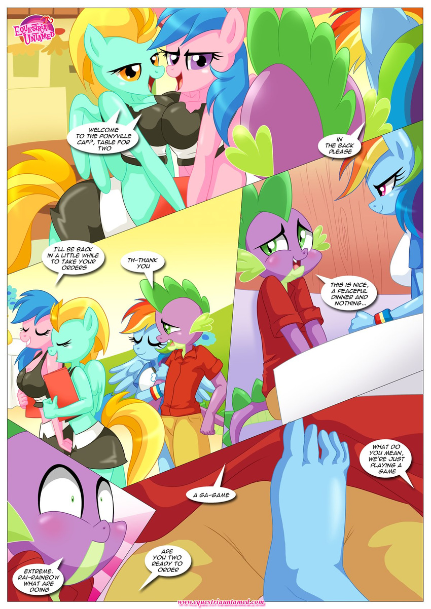 2016 anthro bbmbbf breasts clothing comic dialogue dragon female friendship_is_magic green_eyes lightning_dust_(mlp) male my_little_pony purple_eyes rainbow_dash_(mlp) smile spike_(mlp) waiter wings