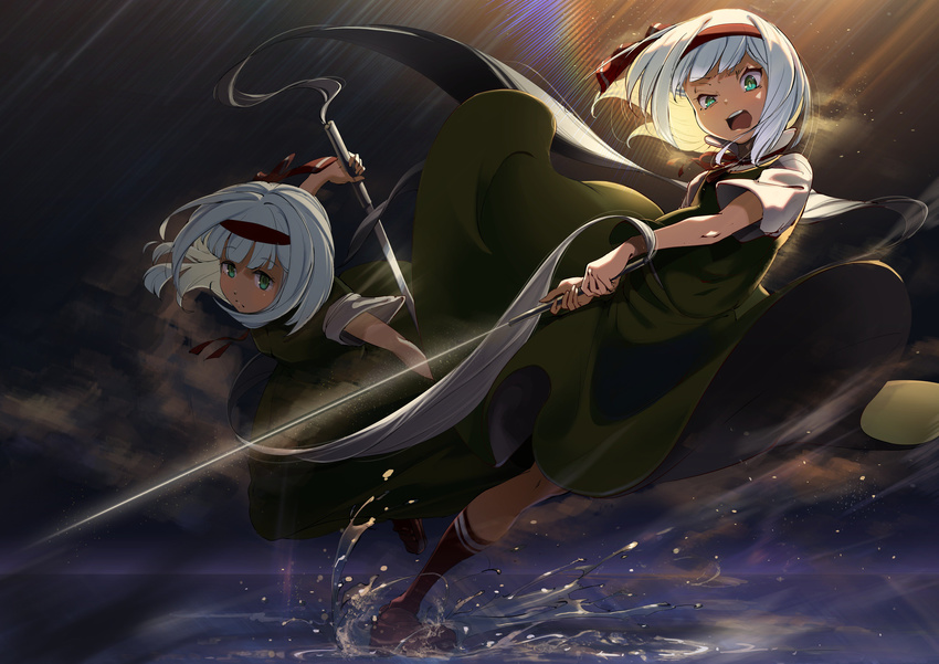 absurdres bangs black_legwear black_ribbon dual_persona green_eyes green_skirt hair_ribbon hairband highres kneehighs konpaku_youmu looking_at_viewer multiple_views open_mouth ribbon serious shoes short_sleeves silver_hair skirt skirt_set splashing suppa_(hagakuresuppa) sword touhou vest water weapon