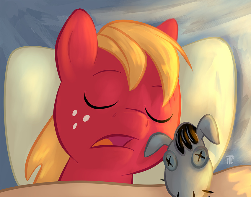 1trick 2016 big_macintosh_(mlp) equine eyes_closed feral freckles friendship_is_magic horse mammal my_little_pony open_mouth pillow plushie pony sleeping smartypants_(mlp) solo