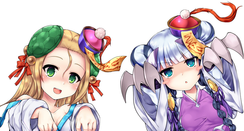 bare_shoulders blonde_hair blue_eyes blush blush_stickers bow braid chinese_clothes claw_(weapon) double_bun green_eyes hair_between_eyes hair_bow hair_ornament haku_(p&amp;d) halloween hat highres jiangshi long_hair looking_at_viewer meimei_(p&amp;d) multicolored_hair multiple_girls off_shoulder ofuda open_mouth outstretched_arms purple_hair puzzle_&amp;_dragons samoore shaded_face silver_hair simple_background turtle_shell twin_braids two-tone_hair weapon white_background wide_sleeves zombie_pose