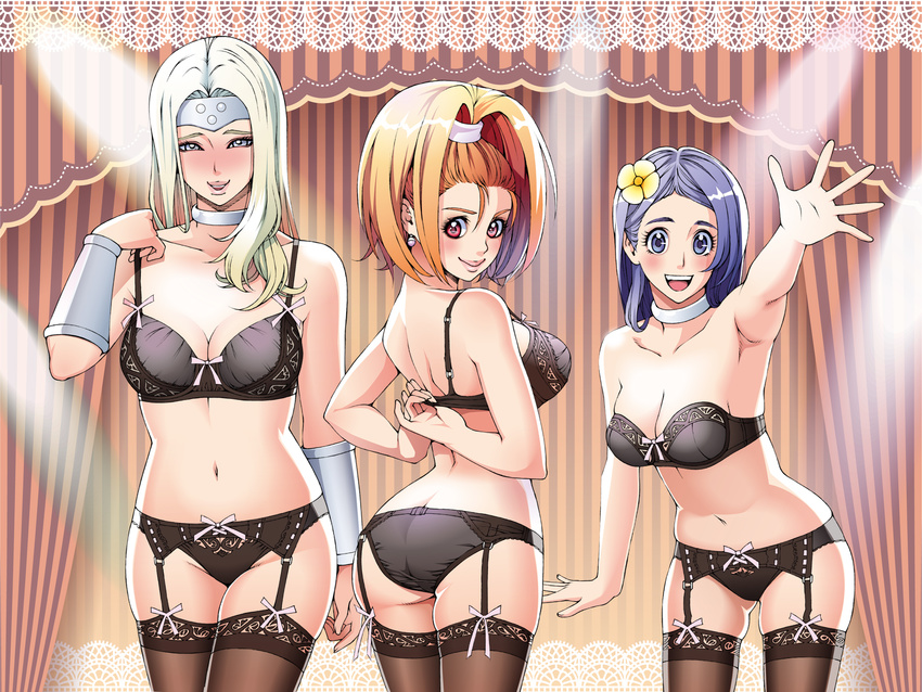 armlet armpits ass back bandeau barbara black_bra black_legwear black_panties blonde_hair blue_eyes blue_hair blush bow bra breasts choker circlet cleavage dragon_quest dragon_quest_vi earrings garter_straps high_ponytail highres jewelry lace-trimmed_legwear large_breasts lips long_hair masayan_(minor-ms) mireyu multiple_girls navel orange_hair panties red_eyes sexy_underwear_(dq) smile strap_gap take_your_pick tania thighhighs underwear underwear_only