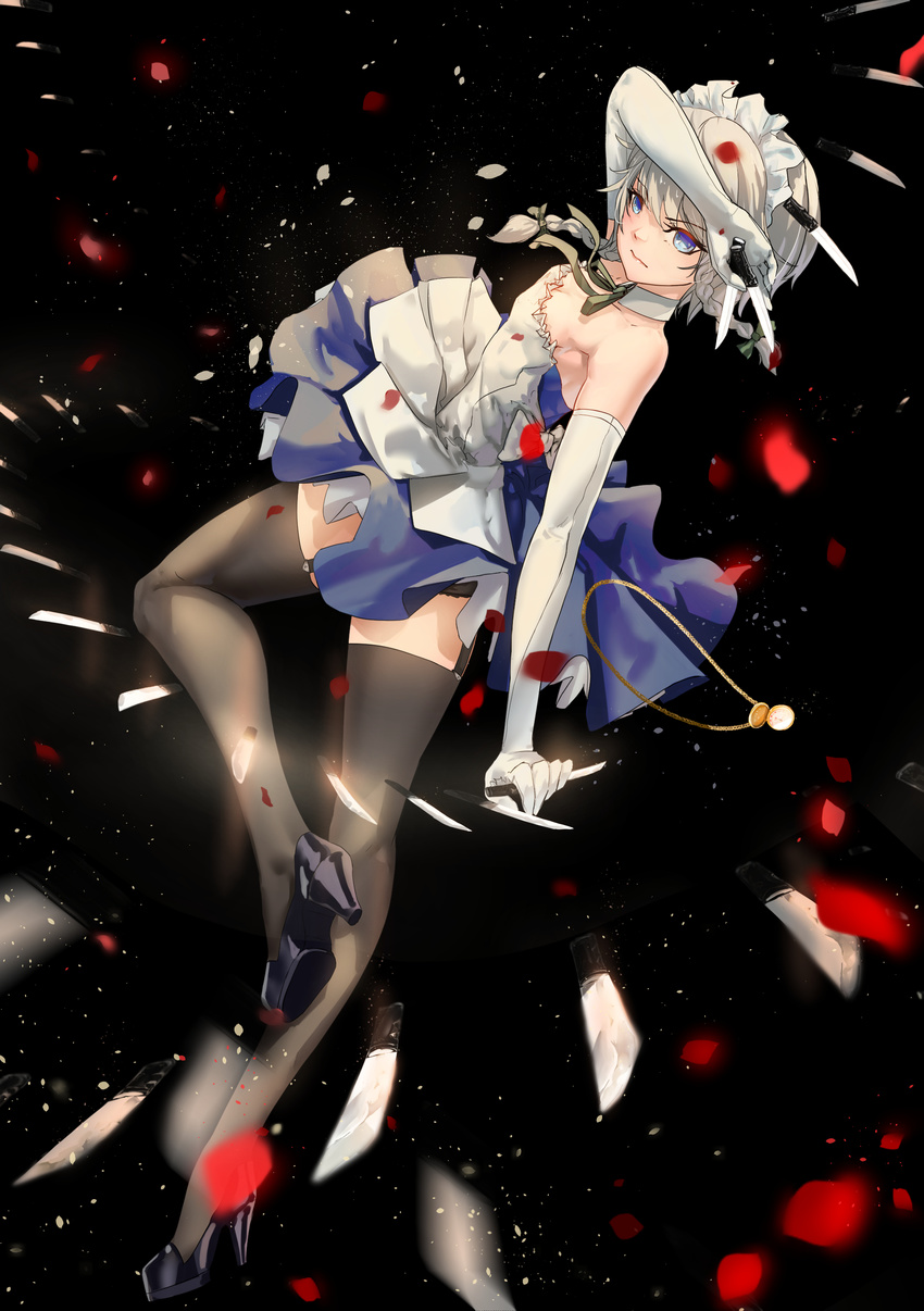 absurdres bare_shoulders black_background black_footwear black_legwear blue_dress blue_eyes bow braid detached_collar dress elbow_gloves full_body garter_straps gloves green_bow green_ribbon hair_bow hair_ribbon high_heels highres holding holding_weapon izayoi_sakuya knife looking_at_viewer lucifer301 maid_headdress neck_ribbon pantyhose petals pocket_watch ribbon shoes silver_hair solo strapless strapless_dress thighhighs touhou tress_ribbon twin_braids watch weapon white_gloves