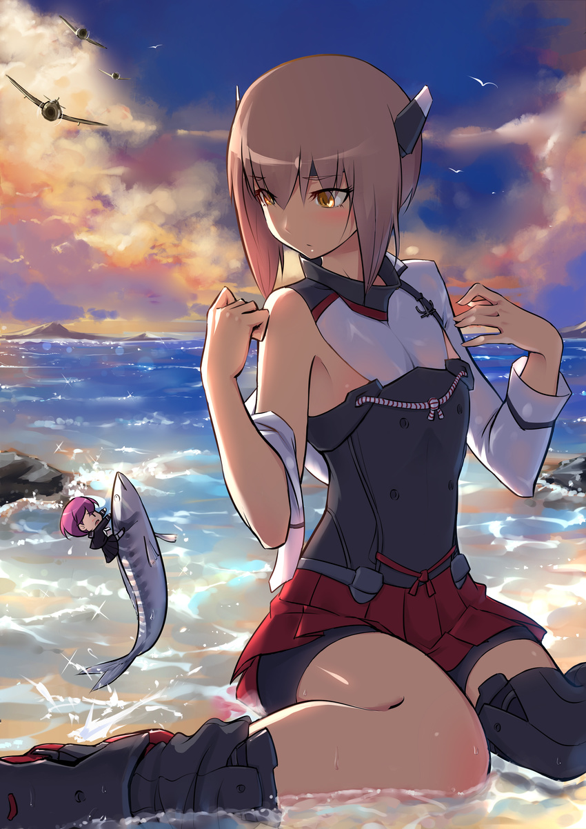absurdres aircraft bike_shorts brown_hair fairy_(kantai_collection) fish headgear highres kantai_collection multiple_girls ocean partially_submerged reppuu_(kantai_collection) riding short_hair sitting sky sunset taihou_(kantai_collection) wariza water wet worst_(am-worst) yellow_eyes