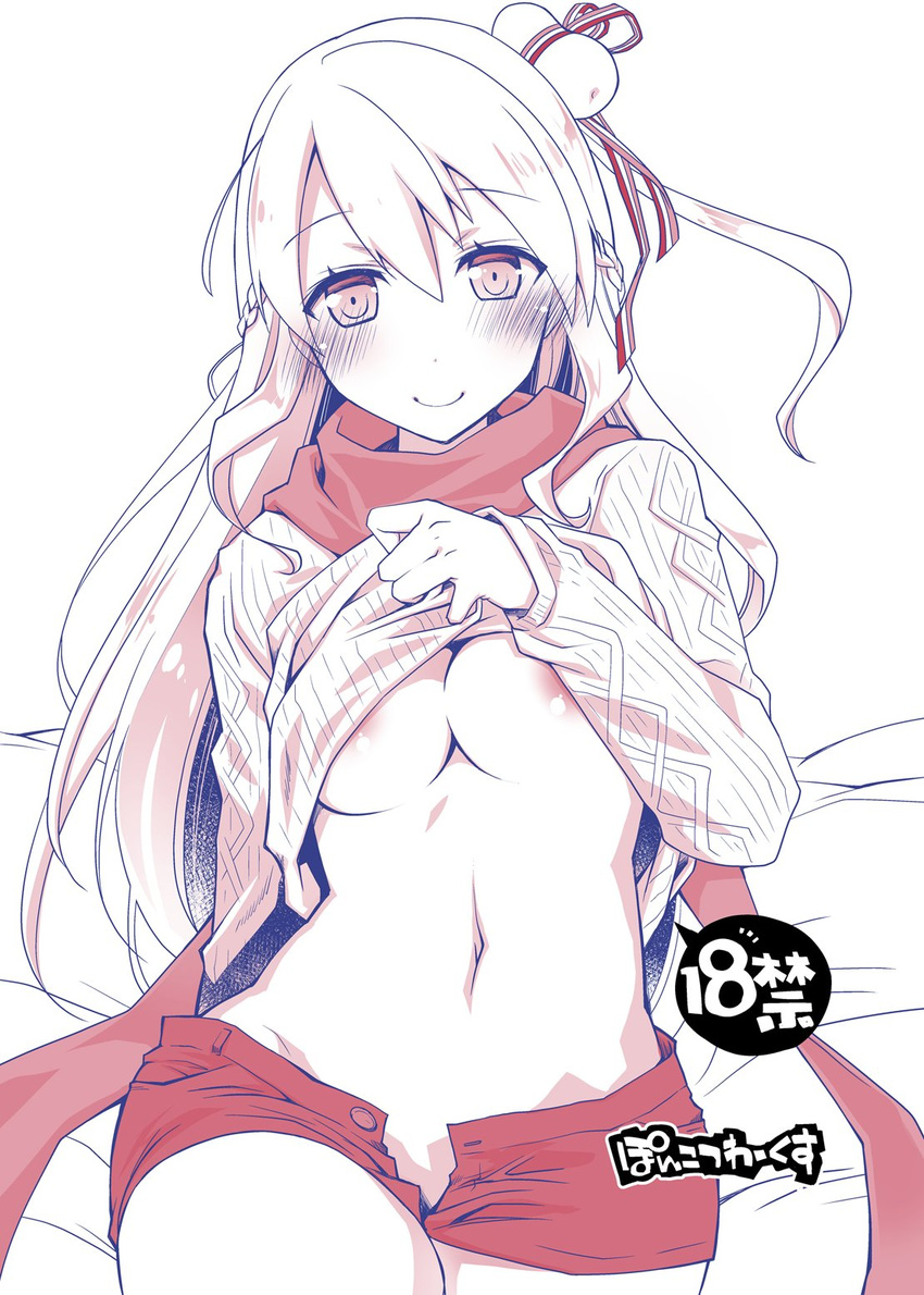areolae blush braid breasts circle_name commentary_request food food_on_head fran_(shironeko_project) hair_ribbon highres large_breasts long_hair long_sleeves midriff monochrome navel object_on_head ribbon scarf shironeko_project shirt_lift short_shorts shorts side_ponytail smile solo sweater theta_(ponkotsu_works) unbuttoned