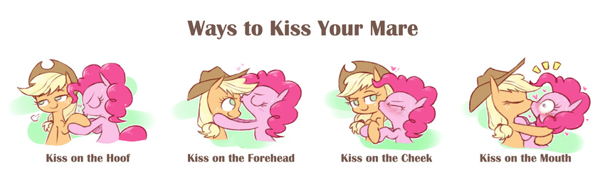 &lt;3 applejack_(mlp) blonde_hair blush comic cowboy_hat duo earth_pony english_text equine eyes_closed female feral friendship_is_magic green_eyes hair hat horse kissing mammal my_little_pony pinkie_pie_(mlp) pony raridashdoodles smile text