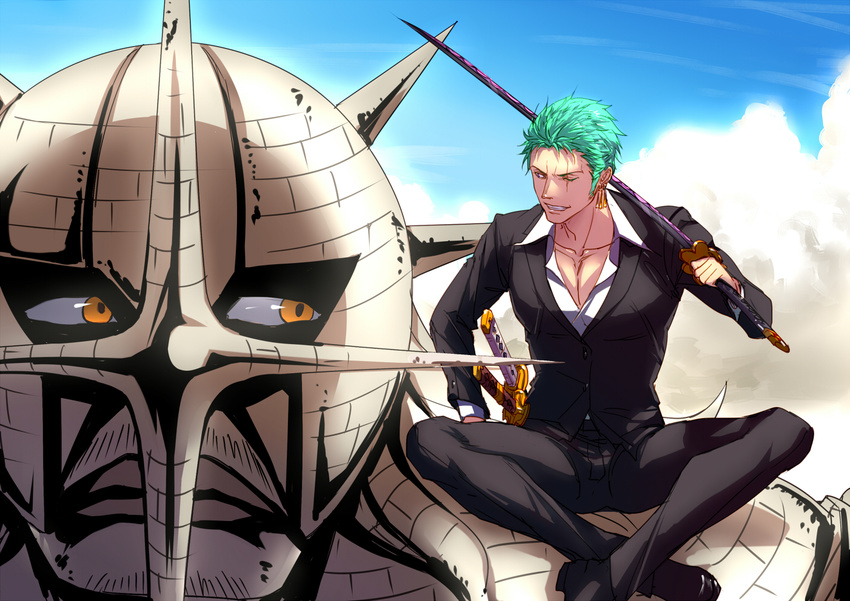 2boys dressrosa earrings eilinna giant green_hair male_focus monster_boy multiple_boys multiple_swords one-eyed one_piece open_collar pica roronoa_zoro scar shusui sitting suit sword wado_ichimonji weapon