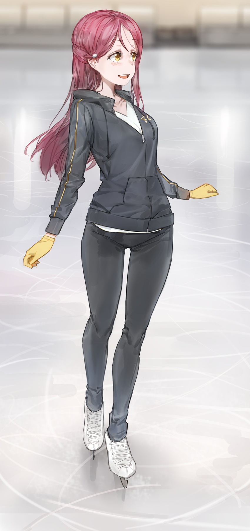 :d absurdres black_jacket black_pants blurry blurry_background commentary full_body gloves hair_ornament hairclip highres ice ice_skates ice_skating jacket long_hair long_sleeves love_live! love_live!_sunshine!! open_mouth pants red_hair sakurauchi_riko skates skating smile solo standing yellow_eyes yellow_gloves yohan1754