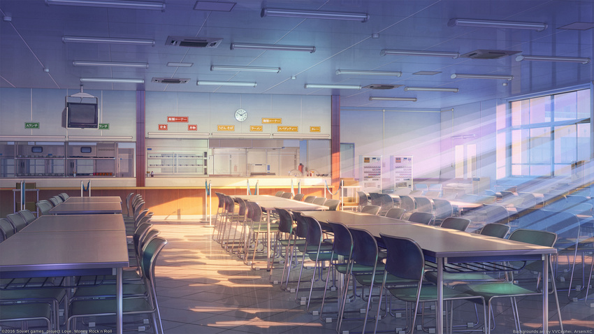 arsenixc artist_name building cafeteria chair clock copyright_name counter day desk fluorescent_lamp highres indoors love_money_rock'n'roll no_humans original scenery shadow stanchion sunlight table television tile_floor tiles vending_machine vvcephei window