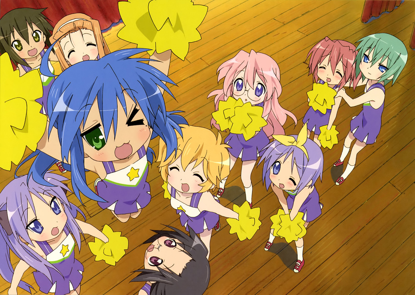 absurdres ahoge black_hair blonde_hair blue_hair cheerleader glasses highres hiiragi_kagami hiiragi_tsukasa horiguchi_yukiko iwasaki_minami izumi_konata kobayakawa_yutaka kusakabe_misao long_hair lucky_star minegishi_ayano mole mole_under_eye multiple_girls one_eye_closed patricia_martin pink_hair short_hair takara_miyuki tamura_hiyori