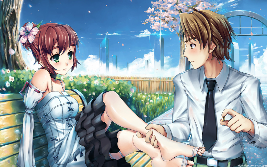 1girl alternate_hairstyle amputee bad_id bad_pixiv_id barefoot bench blush brown_hair cherry_blossoms choker couple detached_sleeves dress eye_contact feet flower good_end green_eyes hair_flower hair_ornament hair_up hetero highres holding_another's_foot jewelry katawa_shoujo looking_at_another nakai_hisao no_arms proposal putting_on_jewelry ring saimon_ma sitting tezuka_rin toe_ring toeless_legwear toes wallpaper