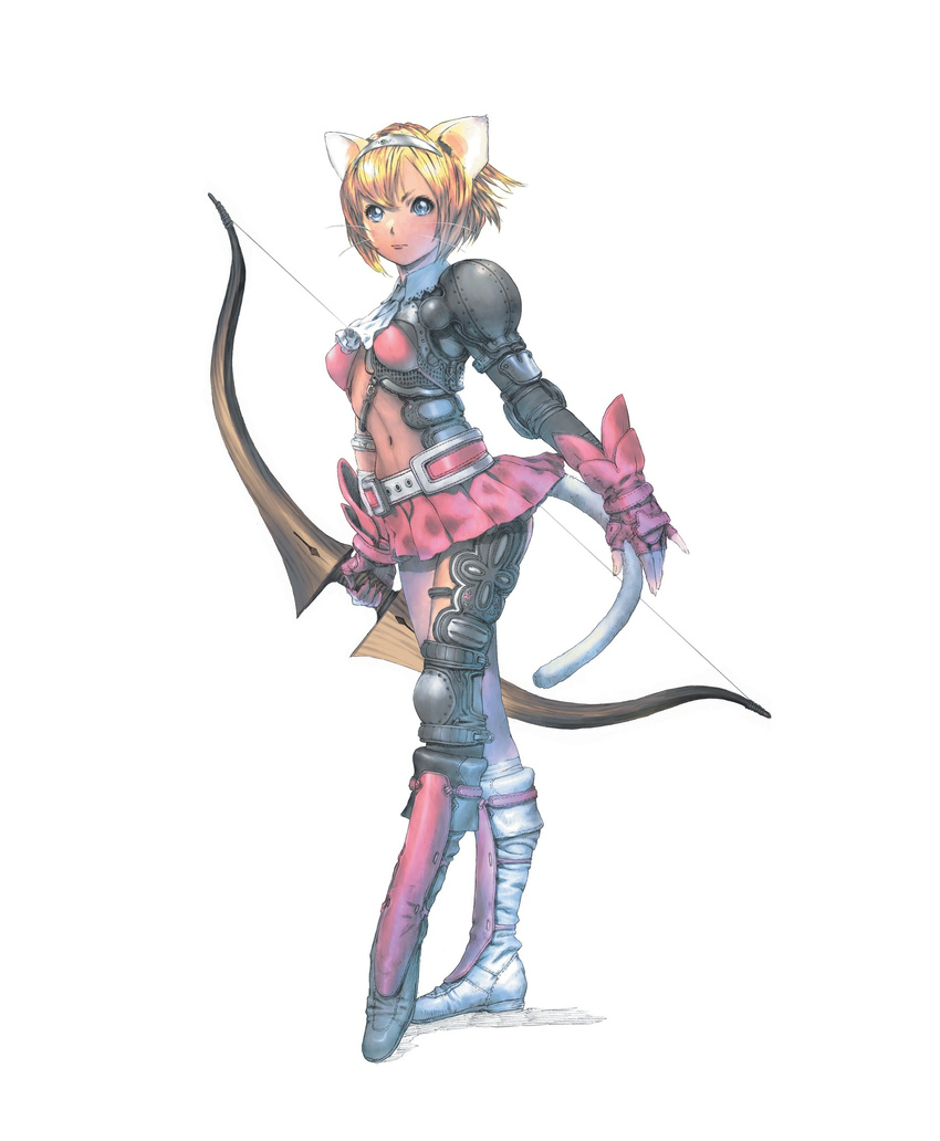 absurdres akiman armor blonde_hair blue_eyes boots bow_(weapon) brave_story cat_ears catgirl feline female game gloves hair hi_res highres human juno mammal nekomimi plain_background ranged_weapon short_hair skirt solo thigh_highs thighhighs unknown_artist weapon white_background yuno