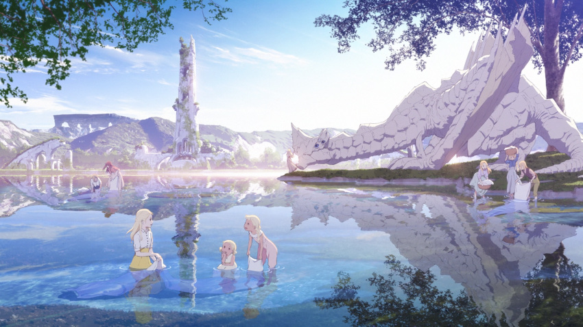 2boys 6+girls :d arms_up blonde_hair blue_shirt braid breasts carrying_overhead child cloth day dress facing_away green_skirt grey_shirt grey_skirt half_updo high-waist_skirt highres lake laundry laundry_basket leaning_forward long_hair looking_at_another maquia_(sayoasa) monster multiple_boys multiple_girls open_mouth outdoors overgrown pants pants_rolled_up ponytail purple_shirt purple_vest red_hair reflection ruins sayonara_no_asa_ni_yakusoku_no_hana_wo_kazarou screencap shirt short_twintails skirt sky sleeveless sleeveless_dress sleeves_folded_up smile squatting standing tower tree twintails vest wading water white_dress white_shirt yellow_pants yellow_skirt