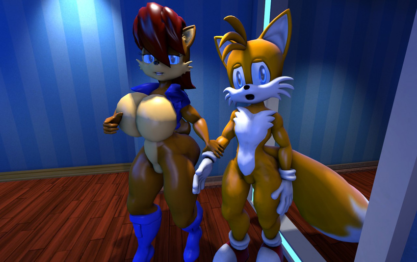 2016 3d_(artwork) anthro big_breasts breasts canine chipmunk digital_media_(artwork) duo female fox huge_breasts male mammal miles_prower nude rodent sally_acorn sonic_(series) toxictigerex