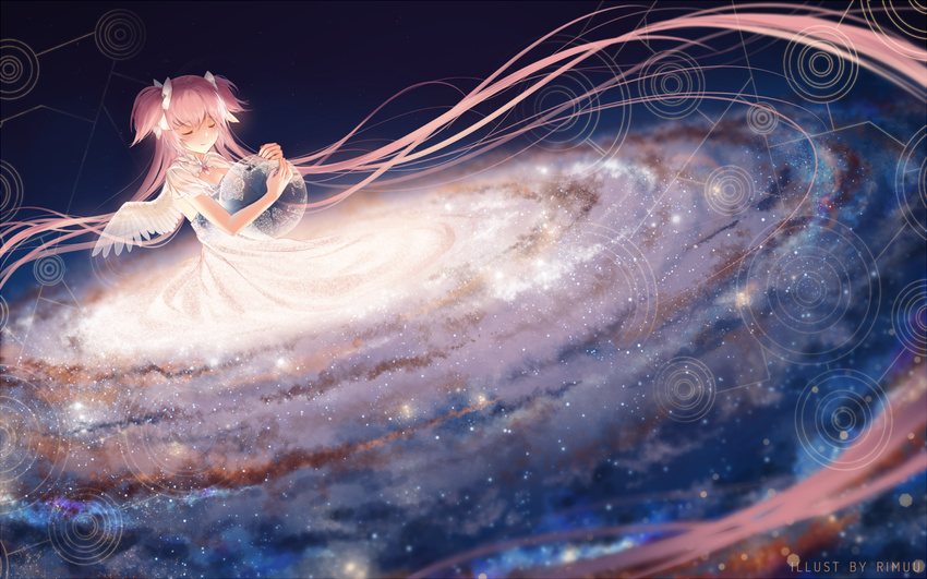 absurdly_long_hair artist_name bangs bare_arms blurry bow closed_eyes closed_mouth depth_of_field dress earth eyebrows eyebrows_visible_through_hair feathered_wings floating_hair galaxy hair_bow hug kaname_madoka long_hair magical_girl mahou_shoujo_madoka_magica pink_hair rimuu short_sleeves smile solo space spoilers star_(sky) transparent two_side_up ultimate_madoka very_long_hair white_bow white_dress white_wings wings