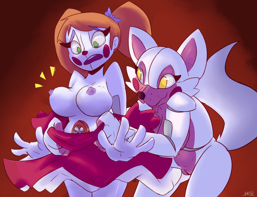 animatronic anthro assisted_exposure baby_(fnafsl) big_breasts bow breasts canine clothing dress duo female fox funtime_foxy_(fnafsl) hair human jailbait_knight machine makeup mammal nipples open_mouth pigtails pussy red_nose robot surprise