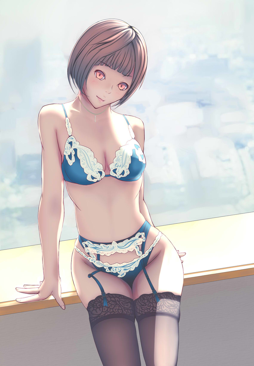 arm_support bad_id bad_pixiv_id breasts brown_eyes brown_hair garter_belt highres jewelry lingerie looking_at_viewer medium_breasts necklace real_life sakura_mana sitting skindentation solo stallone thighhighs underwear