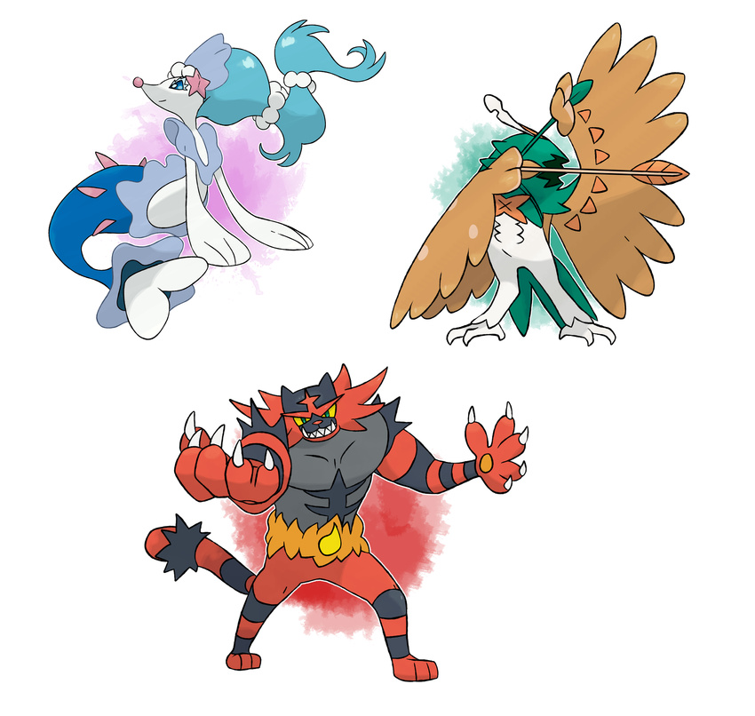 arrow bird black_hair blue_hair claws decidueye devildman gen_7_pokemon grey_hair highres incineroar owl pokemon pokemon_(creature) pokemon_(game) pokemon_sm primarina red_hair tiger white_skin