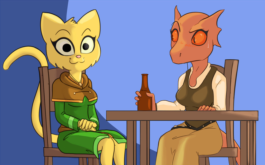2013 :3 anthro argonian blue_background blush cat chair clothed clothing duo ear_frills feline female frill fur katia_managan khajiit looking_at_viewer mammal oblivion orange_eyes orange_scales plagueofgripes prequel quill-weave scales scalie simple_background sitting table the_elder_scrolls video_games yellow_fur