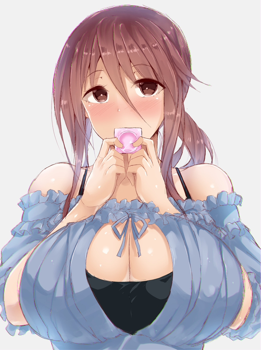 blush breasts brown_eyes brown_hair cleavage condom highres huge_breasts idolmaster idolmaster_cinderella_girls long_hair looking_at_viewer mifune_miyu poko_chin ponytail solo