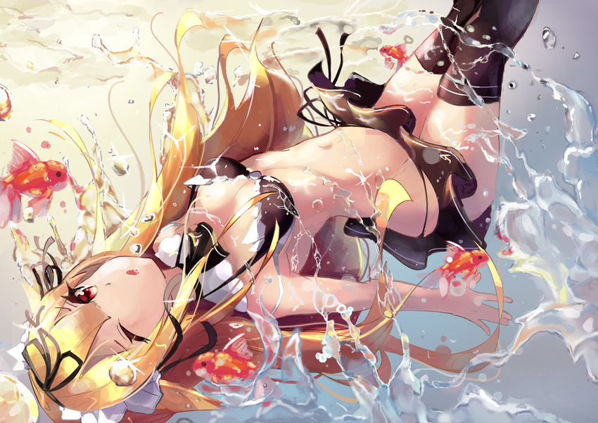 absurdres alternate_costume bikini bikini_skirt black_bikini black_legwear blonde_hair bokujuu breasts bubble cleavage closed fish hair_flaps highres kantai_collection long_hair looking_at_viewer lying medium_breasts navel on_back one-eyed red_eyes remodel_(kantai_collection) solo swimsuit underwater water yuudachi_(kantai_collection)