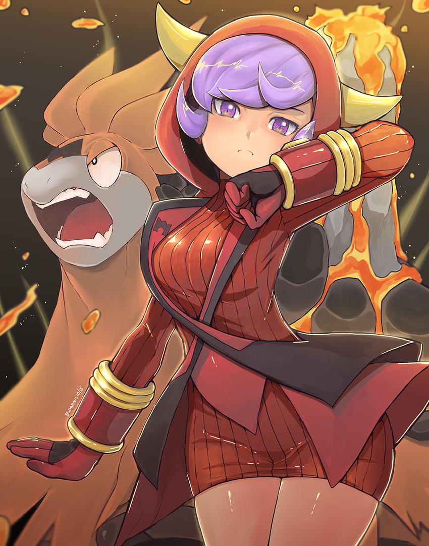 camerupt eudetenis fake_horns gen_3_pokemon gloves highres hood hoodie horned_headwear kagari_(pokemon) looking_at_viewer mega_camerupt mega_pokemon pokemon pokemon_(creature) pokemon_(game) pokemon_oras purple_eyes purple_hair ribbed_sweater short_hair solo sweater