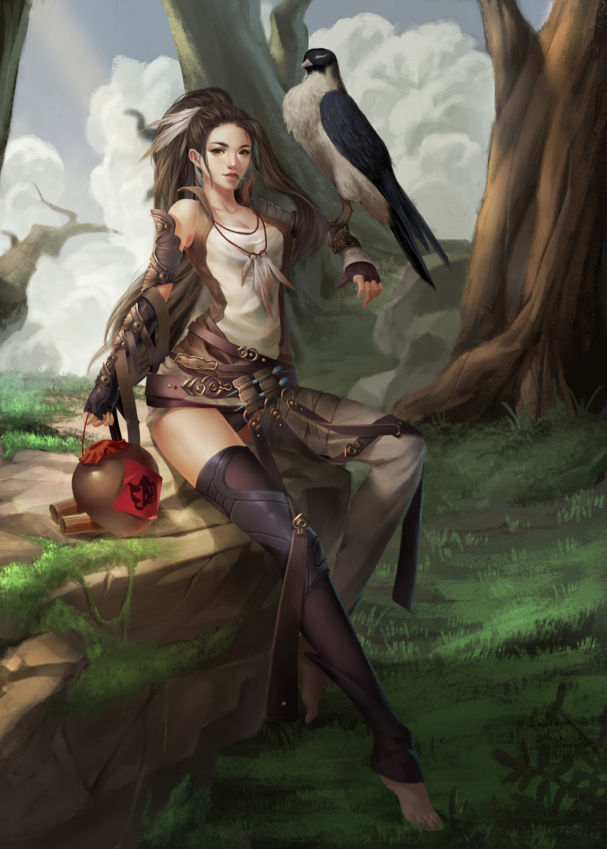 1girl absurdres ajio_(pixiv7718798) bandage bandaged_arm bandages barefoot belt bird black_gloves breasts brown_eyes cloud commentary_request day gloves grass highres long_hair looking_at_viewer medium_breasts moss original outdoors parted_lips partly_fingerless_gloves ponytail realistic rock sitting sky tree