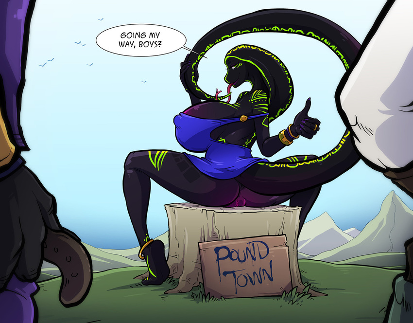 1girl 2boys ass barefoot black_skin blue_dress body_markings bracelet breasts dress erect_nipples feet furry green_eyes head_out_of_frame huge_breasts long_tongue multiple_boys nipple purple_skin pussy qhala ring sign snake sparrow_(artist) tail text toes tongue tree_stump