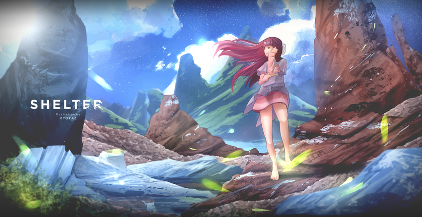 absurdres artist_name barefoot blurry bow cloud day depth_of_field dress faiz_azhar grass highres ice landscape looking_to_the_side mountain outdoors purple_eyes purple_hair purple_skirt rin_(shelter) scenery shelter_(music_video) skirt sky snow solo standing sun sunlight tablet tears title watermark white_dress wide_shot wind
