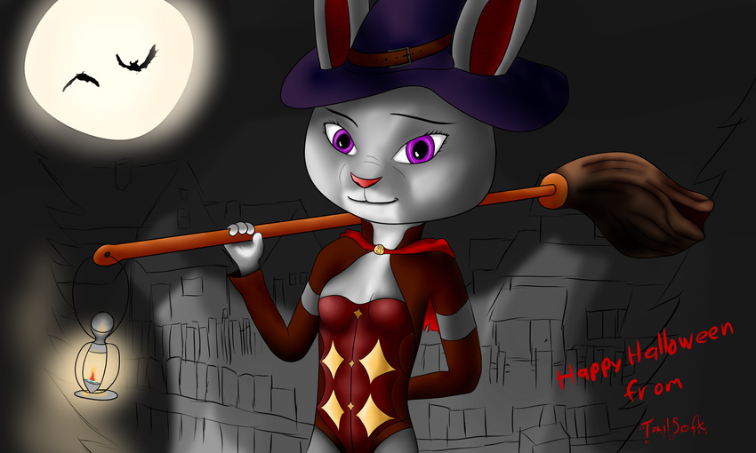 anthro broom costume digital_media_(artwork) disney female fur halloween holidays judy_hopps lagomorph lantern looking_at_viewer magic_user mammal purple_eyes rabbit smile tailsoft witch zootopia