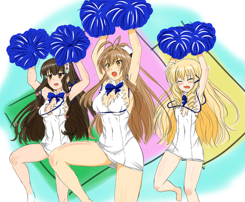 amagi_brilliant_park antenna_hair armpits arms_up ass_visible_through_thighs barefoot blonde_hair blue_bow blue_neckwear blue_ribbon blush bow bowtie breasts brown_eyes brown_hair closed_eyes cosplay covered_navel dress dungeon_ni_deai_wo_motomeru_no_wa_machigatteiru_darou_ka eyebrows eyebrows_visible_through_hair flat_chest flower hair_between_eyes hair_flower hair_ornament head_tilt hestia_(danmachi) hestia_(danmachi)_(cosplay) highres koborii_(amaburi) large_breasts latifa_fleuranza long_hair matching_outfit medium_breasts multiple_girls open_mouth pom_poms ponytail ribbon sento_isuzu sketch sleeveless sleeveless_dress sweatdrop tears very_long_hair viperxtr wavy_mouth white_dress