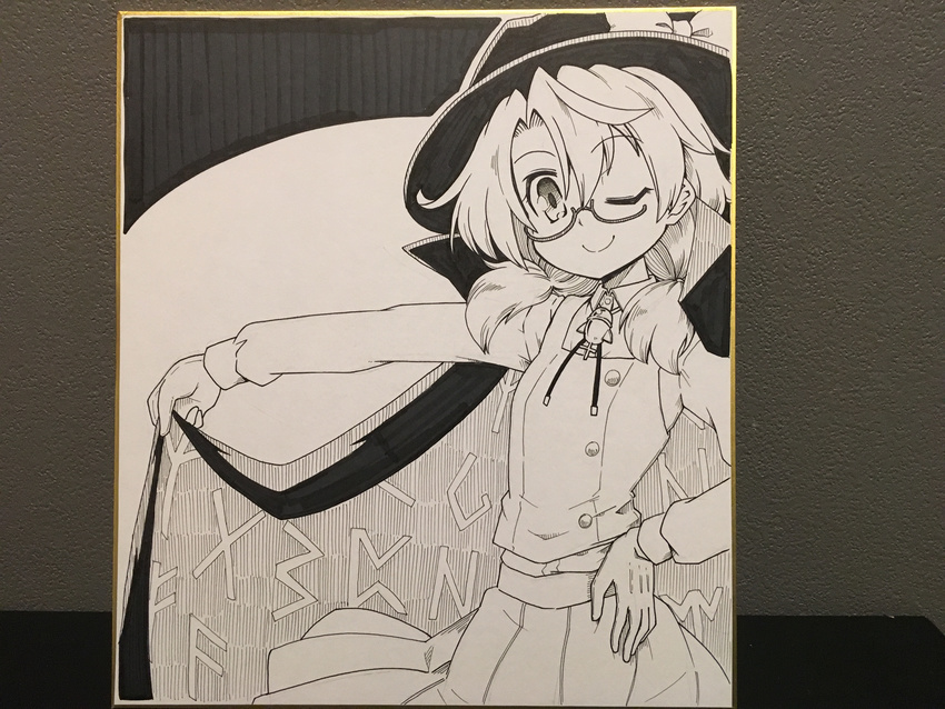 absurdres bangs bow cape cape_lift futa_(nabezoko) glasses gloves greyscale hair_tie hand_on_hip hat hat_bow highres jewelry long_sleeves looking_at_viewer low_twintails monochrome necklace one_eye_closed parted_bangs photo rune school_uniform shikishi shirt skirt smile solo touhou traditional_media twintails usami_sumireko
