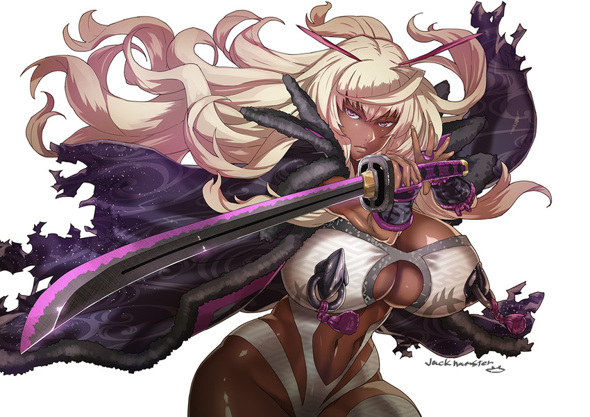 ahoge armor artist_name blonde_hair breast_rings breasts cape cleavage cleavage_cutout closed_mouth cowboy_shot dark_skin floating_hair fur_trim holding holding_sword holding_weapon huge_breasts itou_ittousai_(sengoku_bushouki_muramasa) jack_hamster japanese_armor katana kote long_hair looking_at_viewer navel pink_eyes purple_eyes sengoku_bushouki_muramasa serious shiny shiny_skin solo stomach sword unsheathed weapon white_background