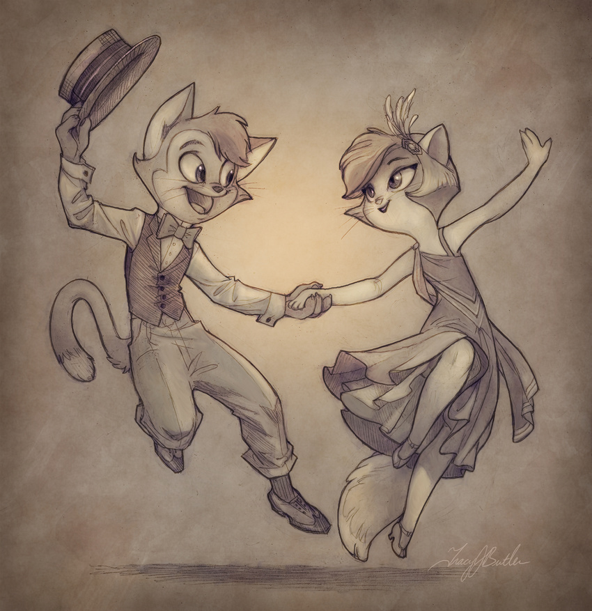 anthro armpits bow_tie cat cats_don't_dance clothed clothing danny_cat dress duo feline female fur hat male mammal sawyer_(cats_don't_dance) tracy_j_butler