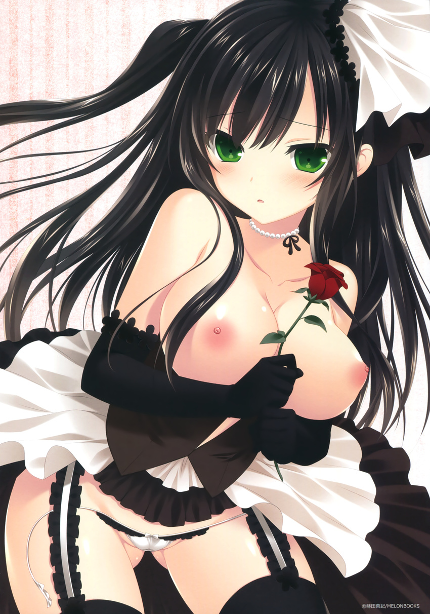 absurdres areolae black_hair blush breasts character_request elbow_gloves garter_belt gloves green_eyes large_breasts long_hair makita_maki nipples panties pearl_necklace rose skirt source_request tagme