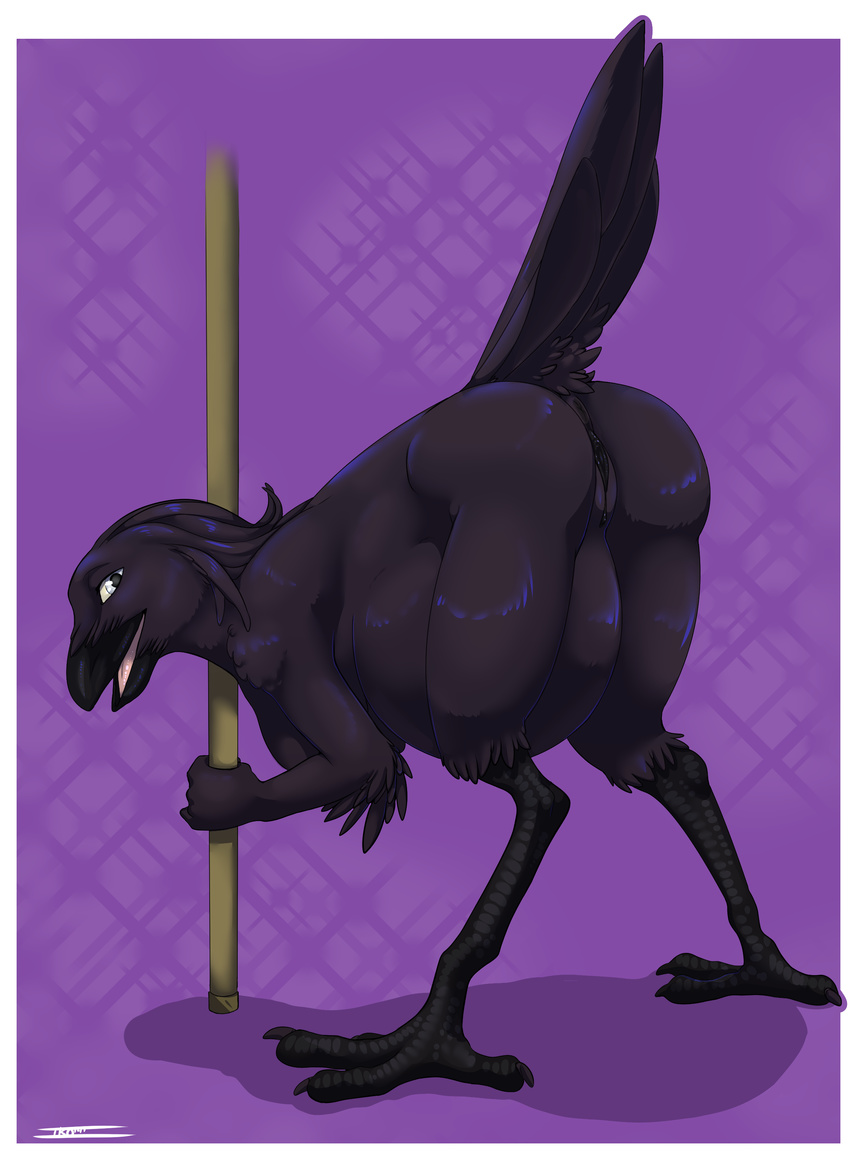 2014 absurd_res anthro anus ass_up avian barefoot beak belly bent_over big_belly bird black_feathers black_pussy border butt claws corvid digital_media_(artwork) feathers female grasp happy hi_res iko looking_at_viewer looking_back lucidum nude open_mouth pole pregnant purple_background pussy raven simple_background slightly_chubby smile solo tail_feathers toe_claws white_border