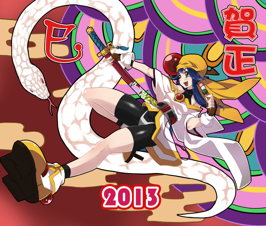 1girl 2013 90s bandanna bare_shoulders blue_hair dated female fingerless_gloves full_body gloves green_eyes katana legs lime_(saber_j) long_hair saber_marionette_j smile snake thong