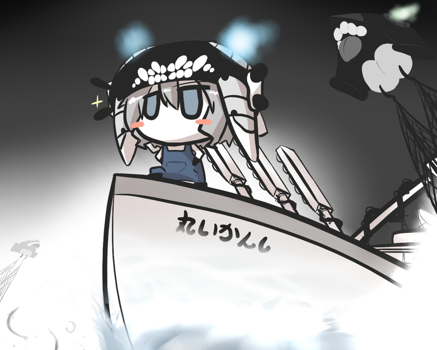 blue_eyes blush_stickers boat chibi commentary_request enemy_aircraft_(kantai_collection) fishing fishing_net goma_(gomasamune) grey_hair hands_on_hips hat kantai_collection knee_up lights night overalls radar_dish shinkaisei-kan sketch sparkle translated watercraft wo-class_aircraft_carrier