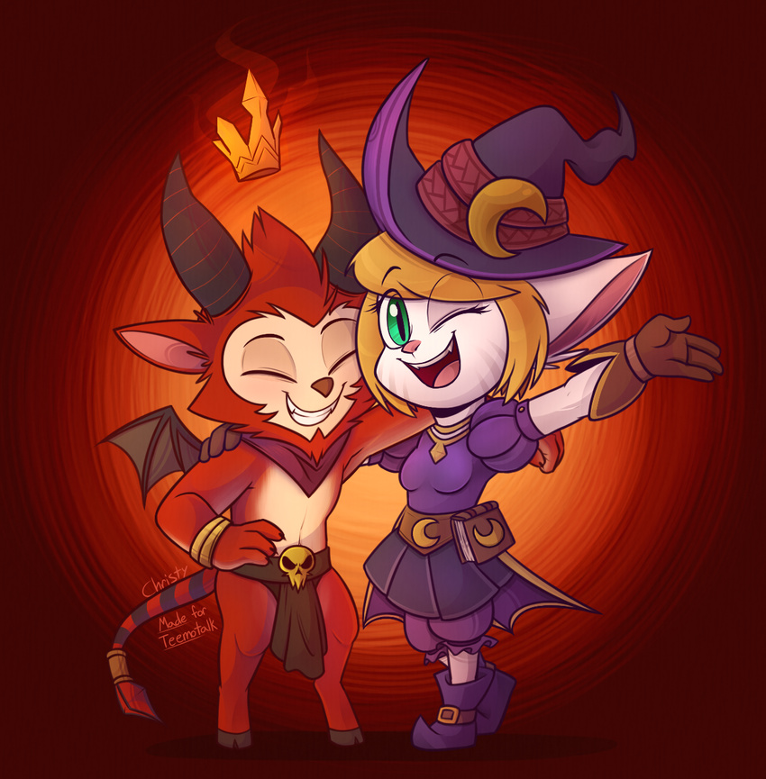 bandanna big_ears blonde_hair clothing crown eyes_closed female fur green_eyes hair happy hat horn league_of_legends loincloth male one_eye_closed open_mouth red_fur satyr skull smile teemo_(lol) teeth tristana_(lol) veigar-chan video_games wings yordle