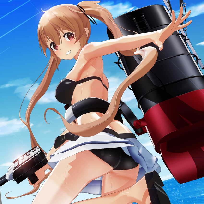 3d alternate_costume armpits ass bikini bikini_skirt black_bikini black_footwear blonde_hair breasts cel_shading cloud day from_below grin highres kantai_collection long_hair looking_at_viewer medium_breasts murasame_(kantai_collection) ocean outdoors outstretched_arm ponpu-chou red_eyes shiny shiny_clothes shoes skirt sky smile smokestack solo standing swimsuit teeth turret twintails upskirt white_skirt