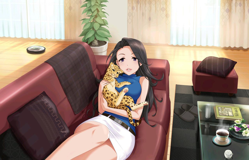 animal artist_request bare_shoulders belt black_hair book breasts carpet coffee_mug couch cup curtains idolmaster idolmaster_cinderella_girls idolmaster_cinderella_girls_starlight_stage leopard lips long_hair lying medium_breasts mug official_art parted_lips pencil_skirt pillow plant purple_eyes skirt slippers solo star table takahashi_reiko very_long_hair white_skirt