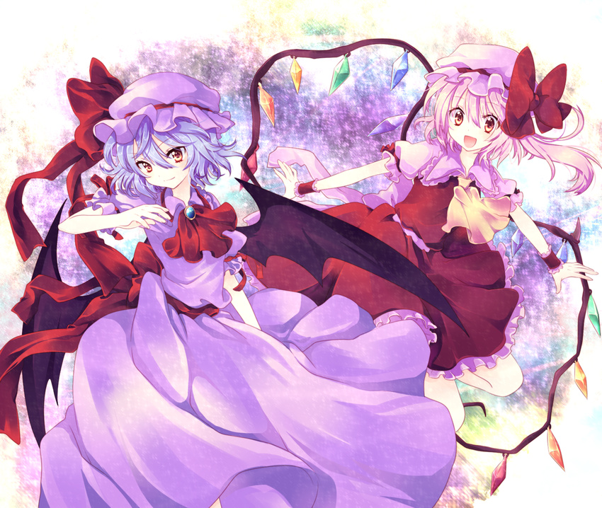 :d bad_id bad_pixiv_id bat_wings blonde_hair blue_hair bow flandre_scarlet happy hat highres large_bow multiple_girls one_side_up open_mouth orange_eyes outstretched_arms ponytail remilia_scarlet riichu short_hair siblings sisters smile spread_arms touhou tsurime wings wrist_cuffs