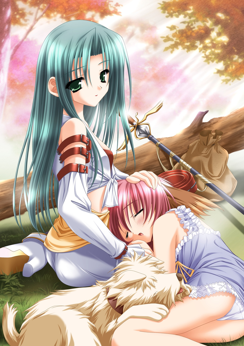 absurdres aqua_hair blue_dress blush closed_eyes detached_sleeves dog dress fannil grass green_eyes high_heels highres lap_pillow long_hair lying midriff moekibara_fumitake multiple_girls on_side open_mouth outdoors panties pantyshot pantyshot_(lying) percy_(platinum_wind) pink_hair platinum_wind sack shoes short_dress short_hair sitting sleeping smile staff strap underwear upskirt white_panties