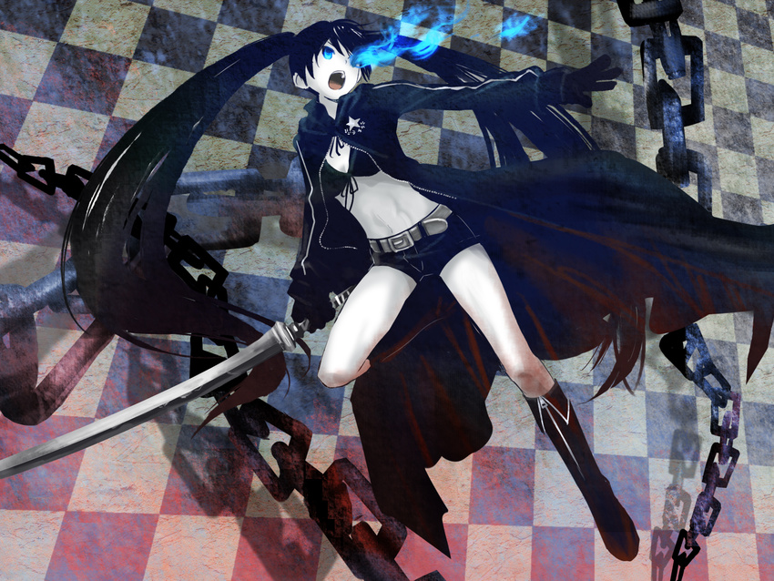 belt bikini bikini_top black_hair black_rock_shooter black_rock_shooter_(character) blue_eyes boots chain checkered highres hikiyama_towa katana long_hair midriff navel shorts solo swimsuit sword twintails weapon