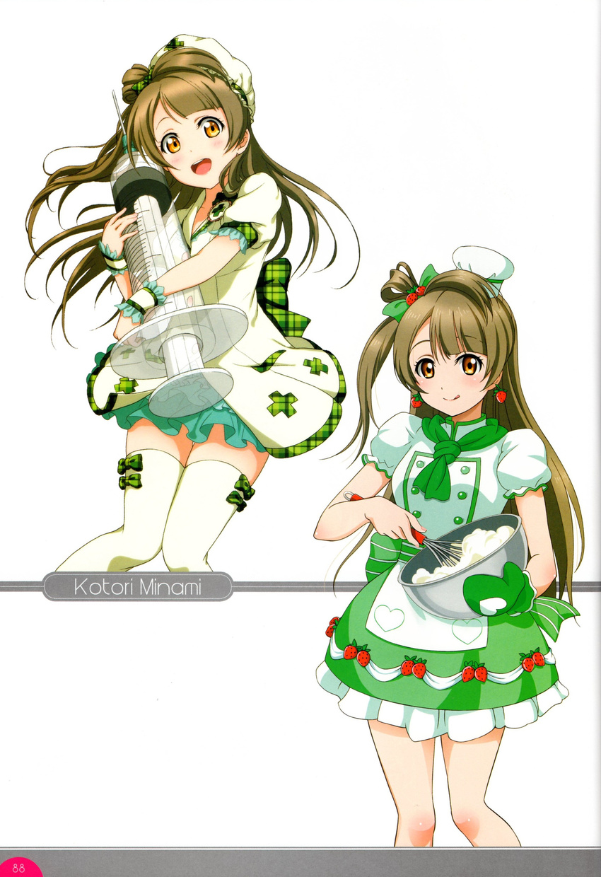 absurdres artist_request bow brown_eyes brown_hair character_name chef cream detached_sleeves dress earrings gloves hair_bow hat highres holding jewelry long_hair love_live! love_live!_school_idol_festival love_live!_school_idol_project minami_kotori multiple_views non-web_source nurse official_art open_mouth puffy_sleeves scan short_sleeves single_glove smile syringe thighhighs wrist_cuffs zettai_ryouiki